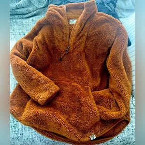 Coziest softest cognac teddy bear hiking jacket, very warm!